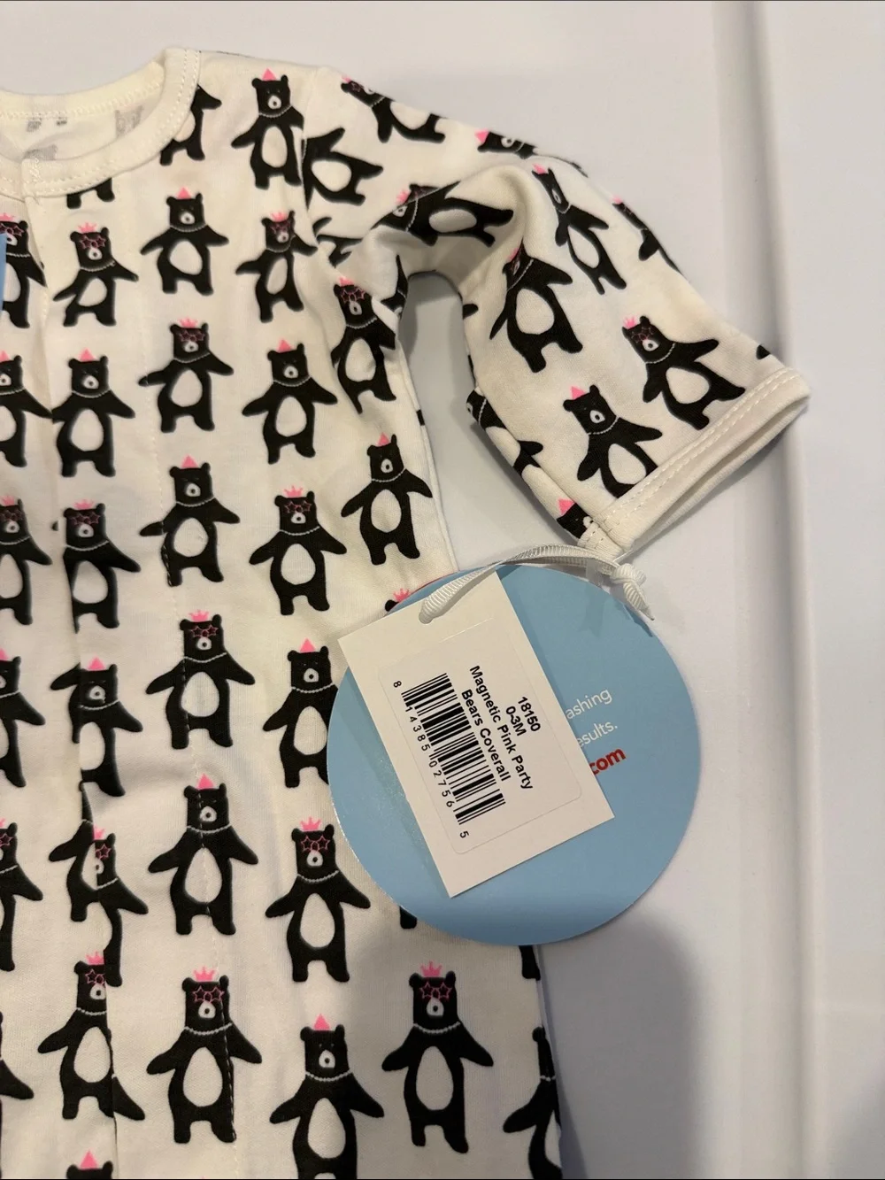Magnetic Me White One-Piece with Black Bear Print and Pink Accents